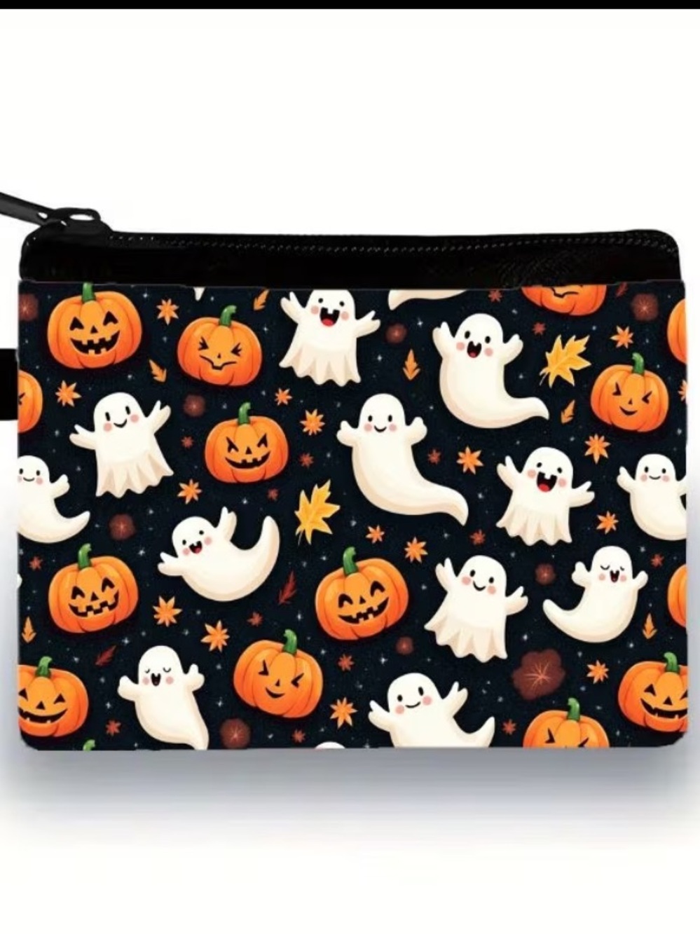 Halloween Ghost & Pumpkin Print Zipper Coin Pouch
